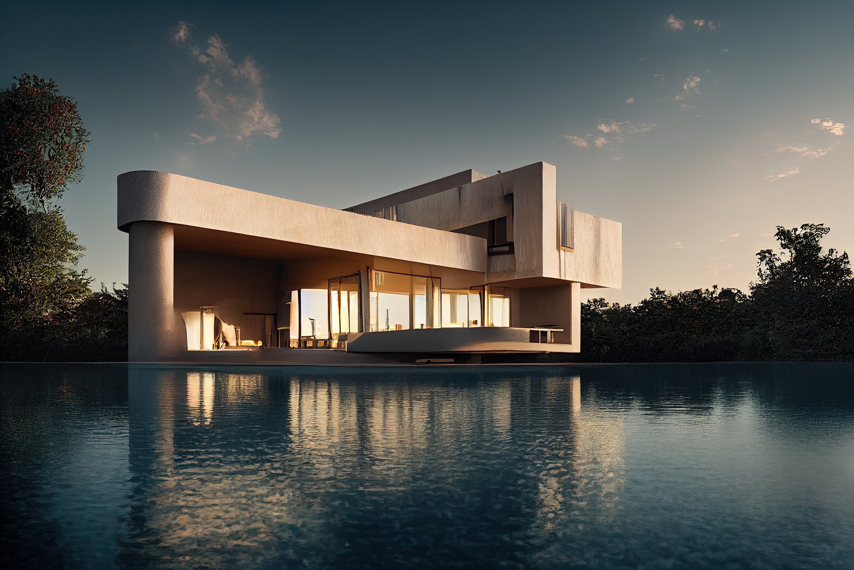 Architectural Mansion in front of a Pool during Dusk